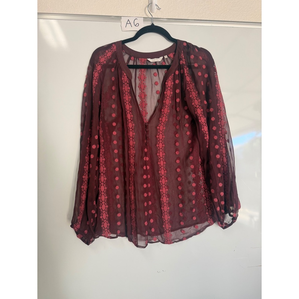 ZOA New York 100% Silk Embroidered Sheer Blouse Burgundy Pink Boho Top Medium